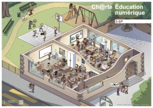 Poster 5-6P mettant en scène les illustrations de la charte d'éducation numérique.